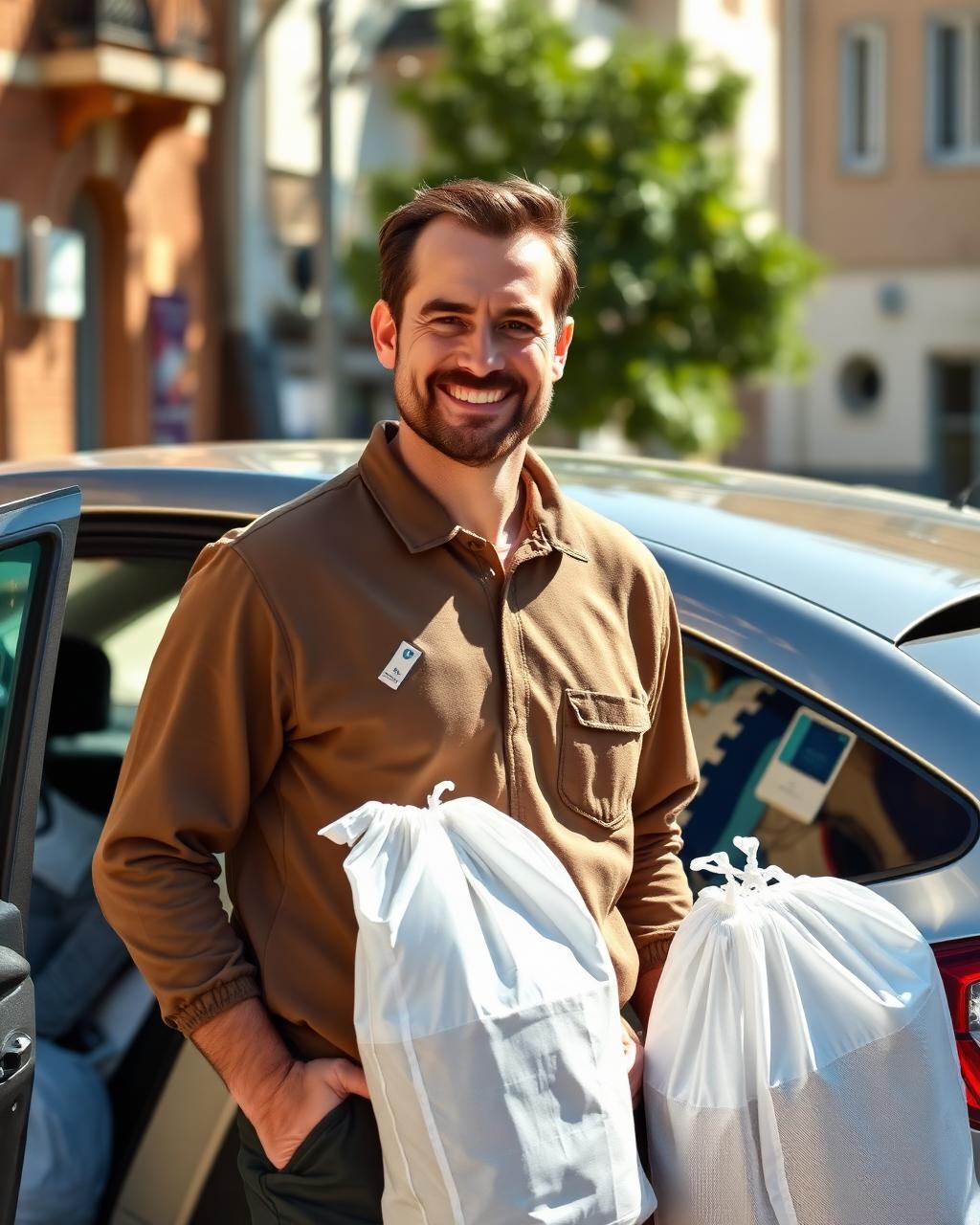 Smiling Washtlie driver holding a laundry bag