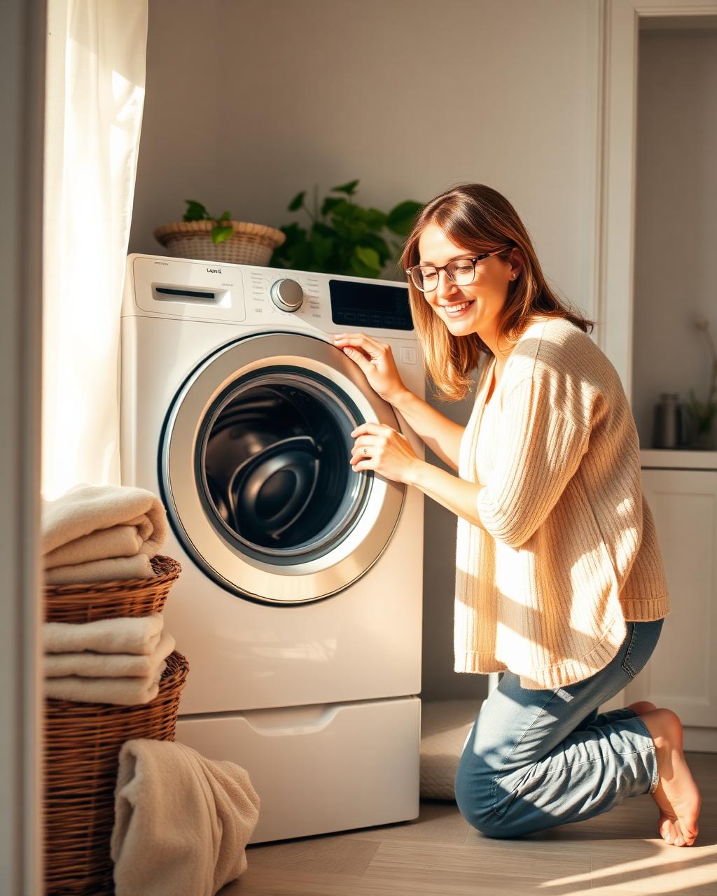 Washer using a tablet in a bright modern laundromat
